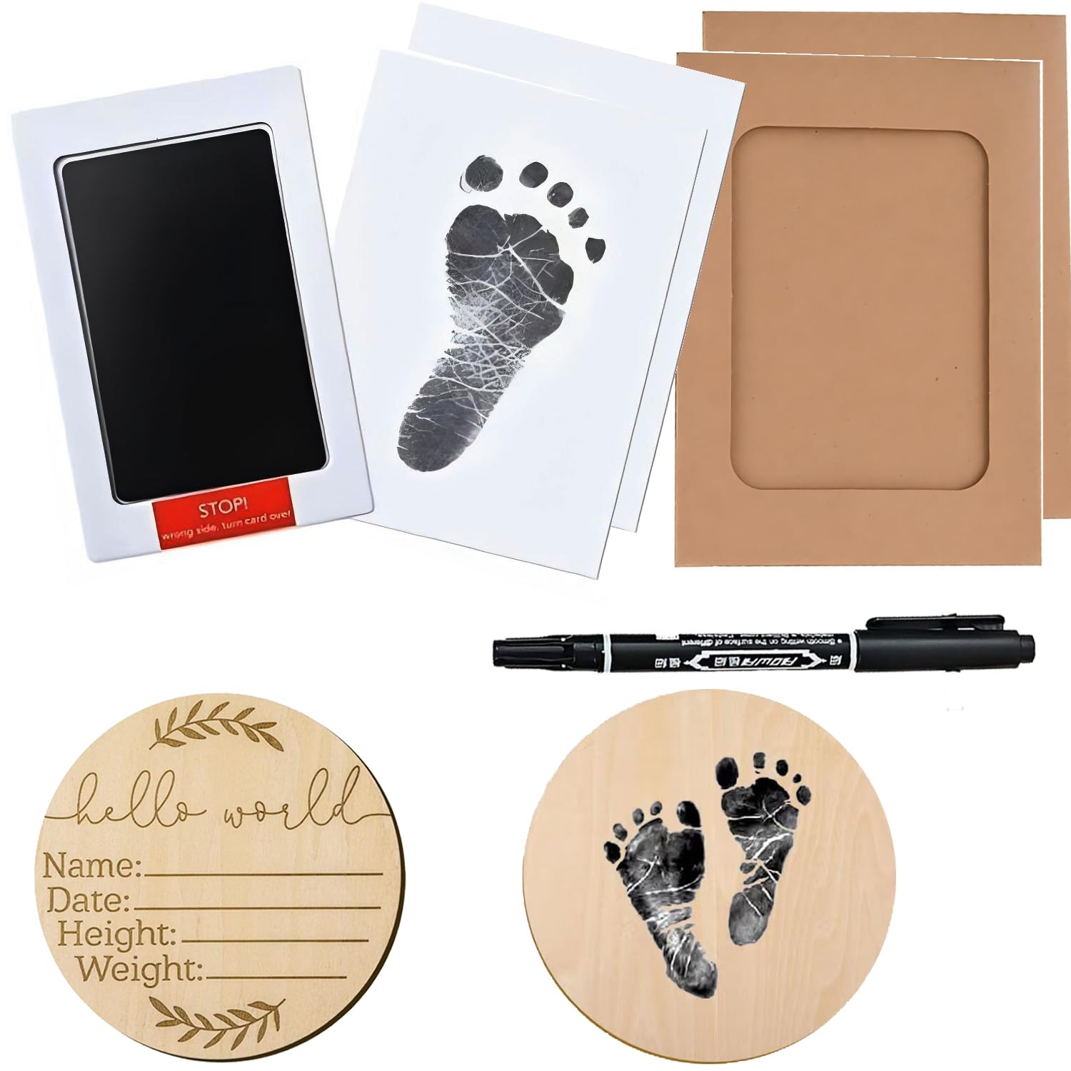 Baby Announcement Sign Hello World Newborn Sign- Welcome Baby Sign with Baby Hand and Footprint Kit and Mark Pen- Baby Name Sign Birth Announcement Sign for Baby Shower Photo Props.