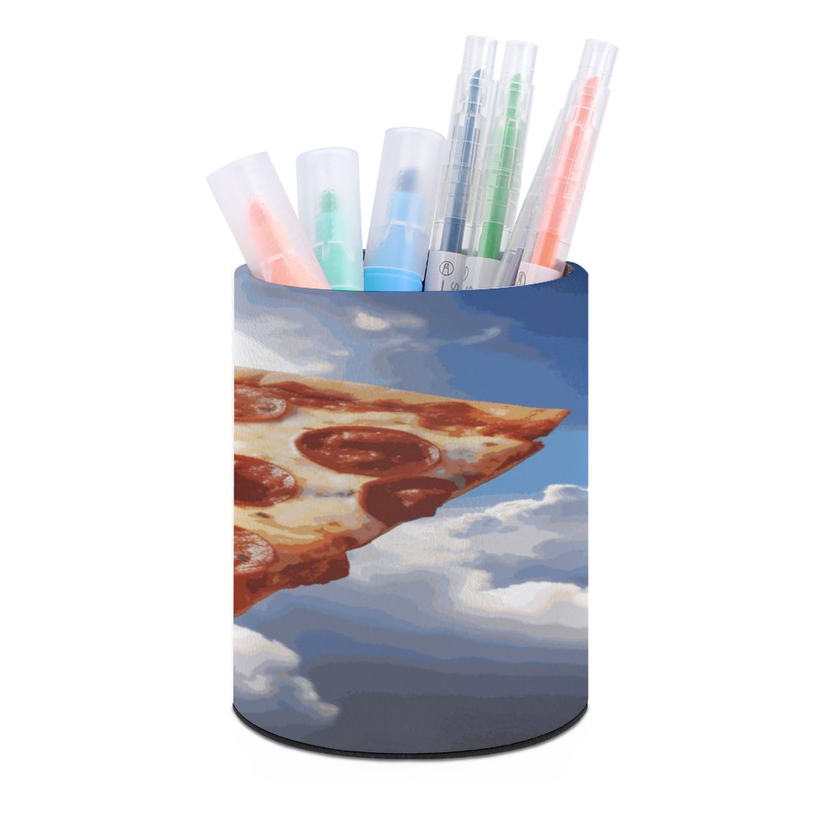 JTREHY Pizza in The Sky Pen Holder Round Pen Pencil Holder Makeup Brush Holders Cup PU Leather Pencil Cups Desktop Caddy Stationery Organizer Case Office Accessories Container Box