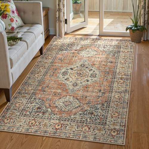 Lahome Oriental Washable Rug, 3x5 Rugs for Bedroom Living Room Entryway, Vintage Ultra-Thin Non-Slip Soft Throw Carpet for Kitchen Office Entrance, Peach/Orange