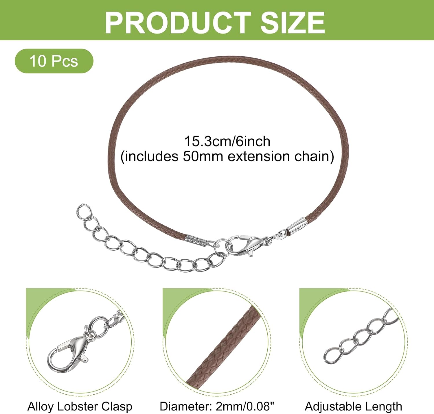 MECCANIXITY 10 PCS Light Coffee Bracelet Cord,6" Adjustable Friendship Bracelet 2mm Waxed Polyester Cord with Lobster Clasp Bracelet String for Bracelet Making Jewelry DIY Craft image 2