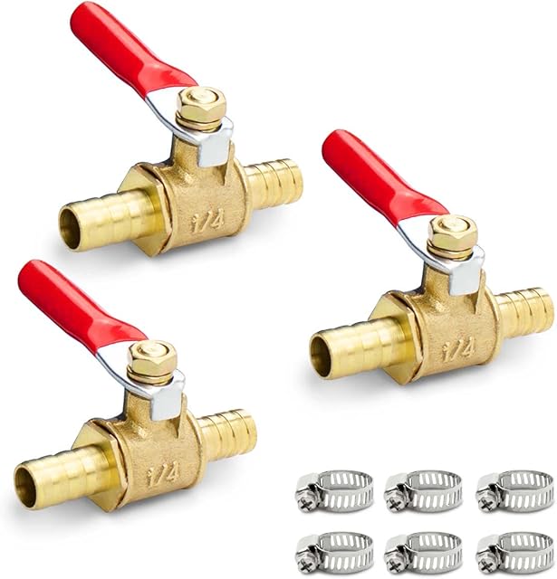 Bwintech 6 Pcs 8mm Brass Barb Ball Valve with 12 Pcs Clamps,Air Gas Fuel Line Shut Off 180 Degree Operation Handle Valve Pipe Fittings