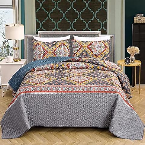 Autumn Dream Bedspread Quilt Set, Reversible 3 Pieces Coverlet Set, Yellow Grey Vintage Gorgeous Paisley Pattern Bedspread,King Size Cover