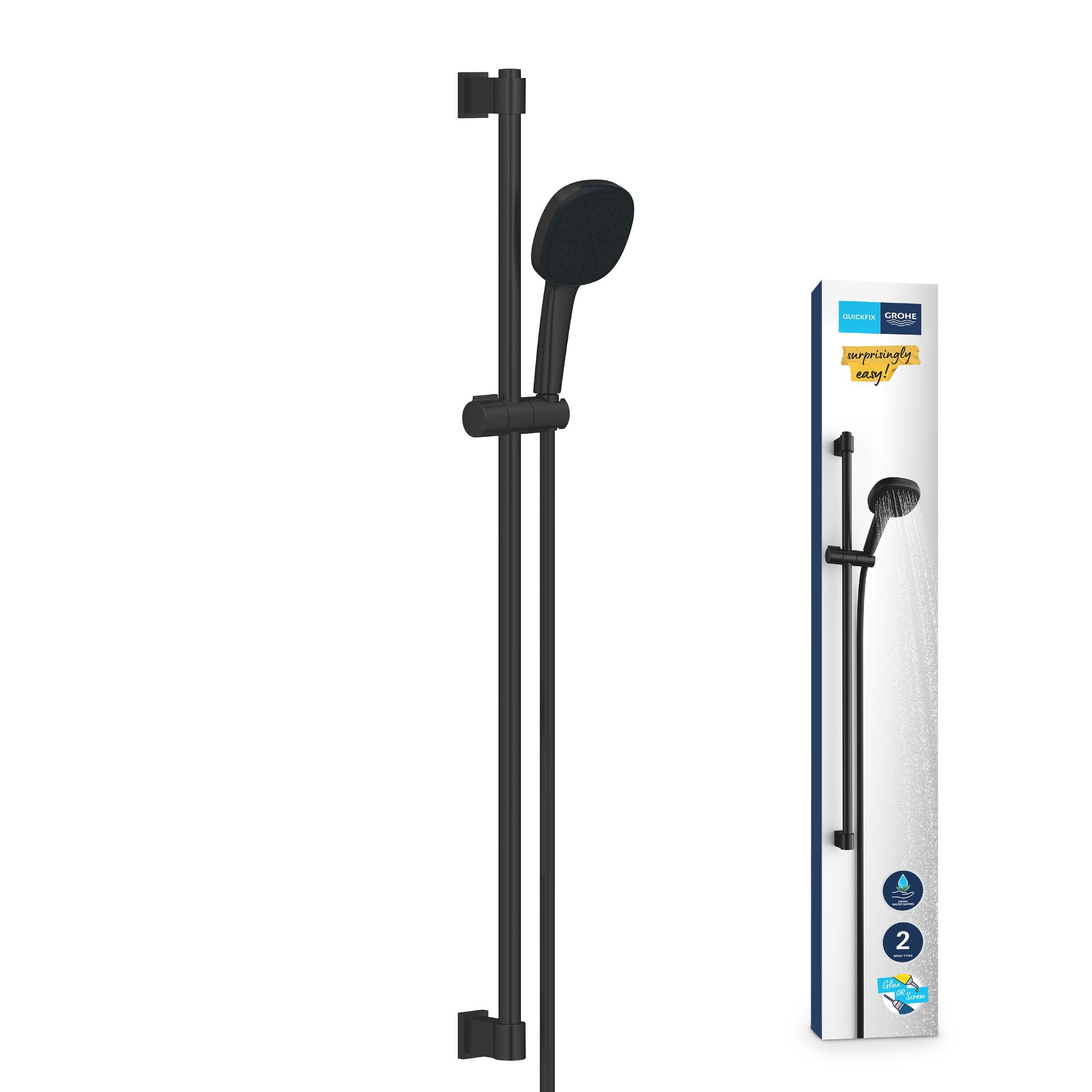 GROHE Vitalio 110, Duschset wassersparend, 8l pro Min (Brausestangenset mit Duschkopf 2 Strahlarten, 1,75m Schlauch, Duschstange 90cm, zum Kleben oder Bohren, ohne Kleber), eckig, schwarz, 269302431