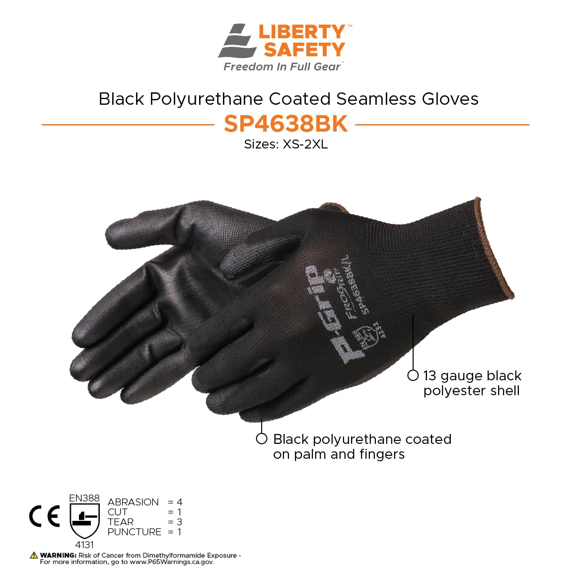 Liberty P-Grip - Guantes de poliuretano ultrafinos con revestimiento de palma, nailon y poliéster calibre 13, 12 unidades, S, Negro, 12