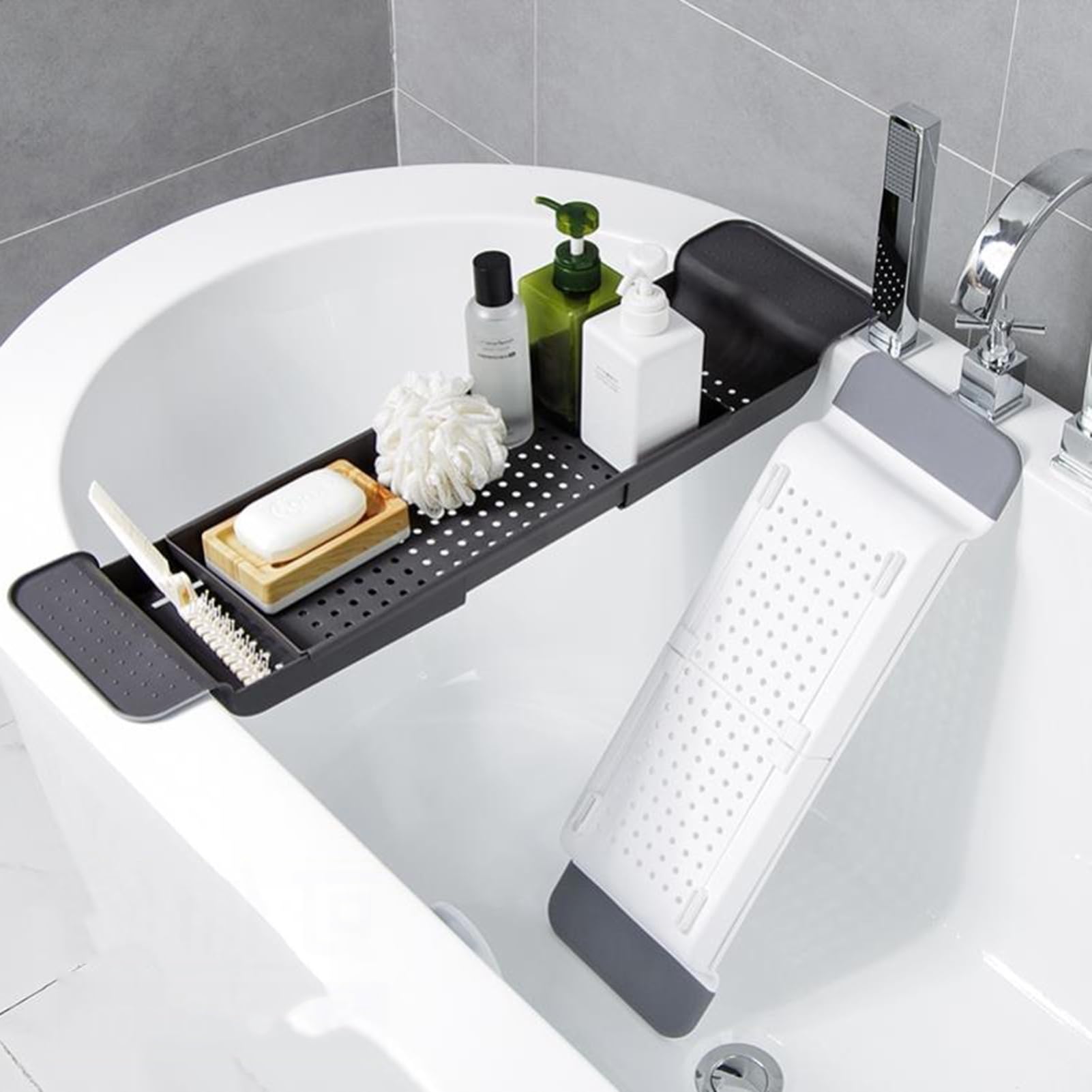 Plateau de baignoire extensible – Étagère simple en plastique pour baignoire, peut contenir des serviettes et des accessoires (couleur 1)