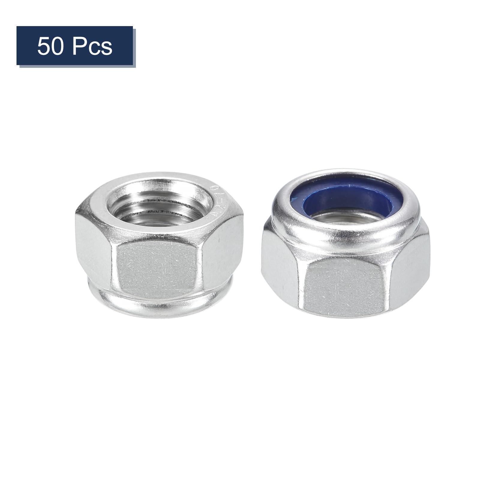 QUARKZMAN 50 Piezas De Tuercas Hexagonales De Nylon M16x2, 304 Acero Inoxidable Tuercas Autoblocantes Con Insertos De Nylon Para Fijadores De Construcción Industrial, Plateado Y Azul