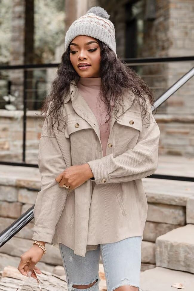 VICHYIE Womens Corduroy Shacket Blouses Button Down Shirts Pocket Long Sleeves Tops Jacket Coats - Image 3