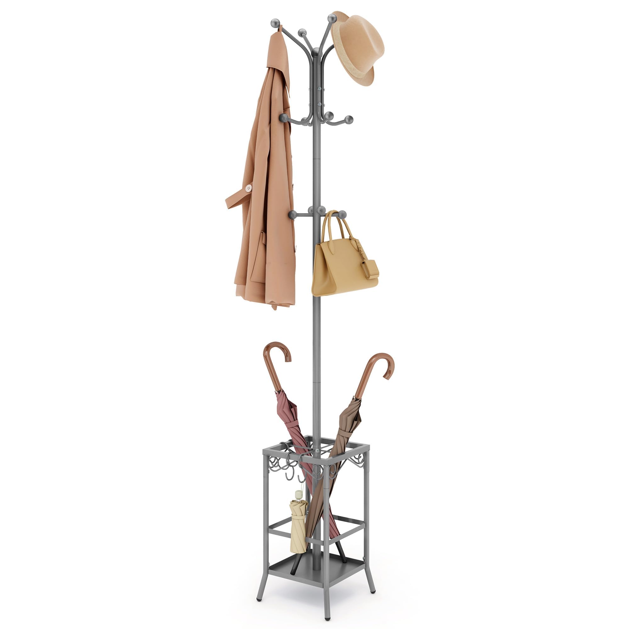 Hoctieon Coat Rack Freestanding With Umbrella Holder, Metal Coat Tree With 12 Hooks, Standing Hanger for Entryway, Hat Rack for Home Office, Gray