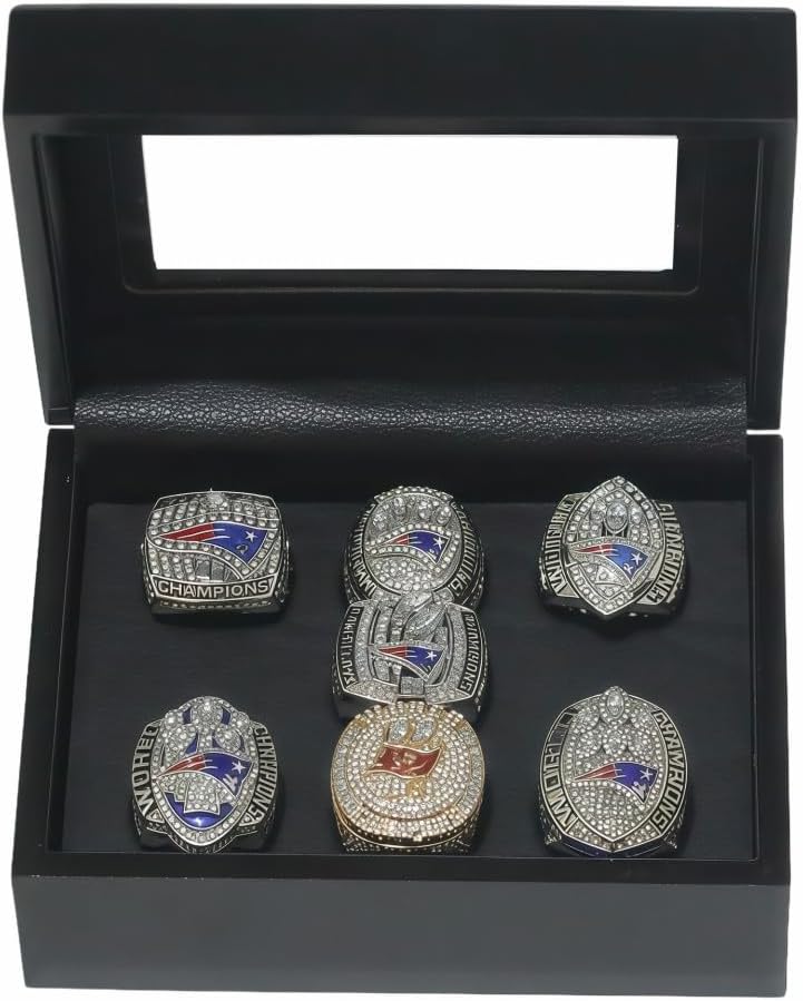 Rare Legacy New England Rugby 2001 03 04 14 16 18 2020TB 7Times 12# Championship Ring Set- High-Level Transparent Sandalbox Silver Plated • Museum-Grade Replica Display Adult