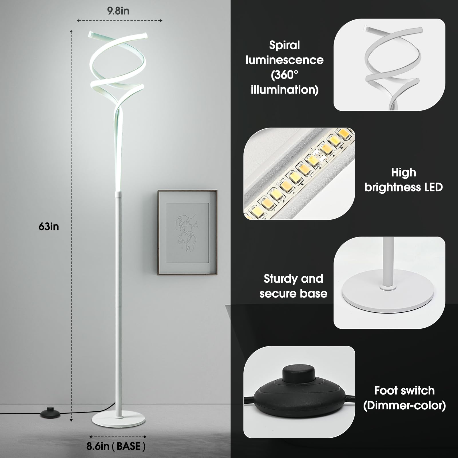 Lampadaire LED Sur Pied 160 Cm – 40W 2500LM, Gradation + 3 Couleurs + Télécommande, Design Moderne Blanc Perle