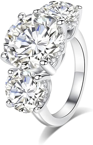 AnuClub Anillos de compromiso de moissanita de corte redondo de 3 piedras, color D, VVS1, corte redondo, plata de ley 925, anillo de compromiso de