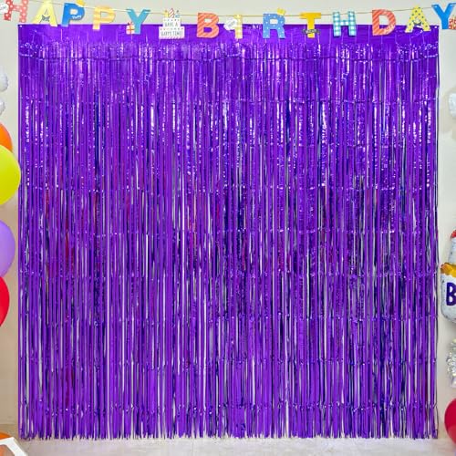Image of 4 Pack Purple Foil Fringe Curtains, 13.2x6.6ft Streamers Backdrop for Birthday, Halloween, Graduation, Christmas, Bachelorette, Wedding, Witch Themed Party| Purple Streamers Party Decorations