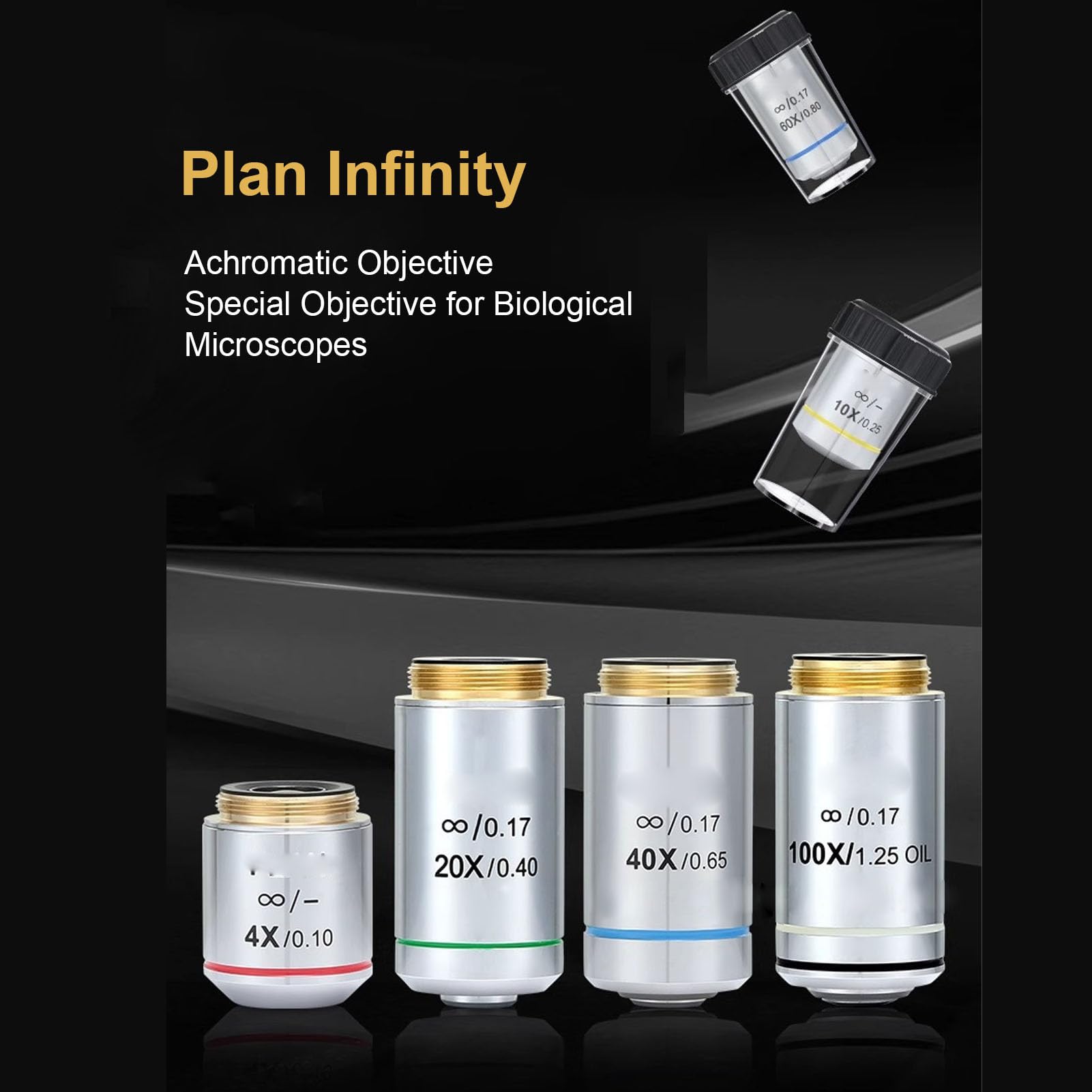 Demeras Lente Objetivo de Plan Infinito 100X para Microscopio Biológico Observación de Alta Resolución para Citología, Microbiología, Observación Ambiental Aleación de Aluminio