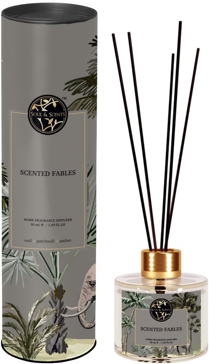 Soul & Scents 50 ml Scented Fables Reed Diffuser Set | Fragrance of Oud, Patchouli & Amber | Get 5 Rattan Reed Sticks | Long Lasting | Smoke Less Room Freshener for Home, Bedroom, Living Room & Office