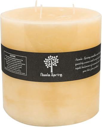 Nicola Spring Scented 3 Wick Pillar Candle - Vanilla Scent - 130 Hour Burning Time - Vanilla Candles Ivory Round Pillar Aromatherapy for Home Fragrance, Kitchen, Living Room, Bedroom