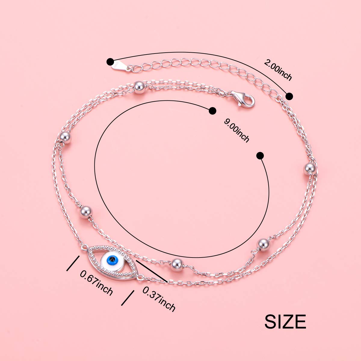 Cavigliera in argento sterling 925, con ciondoli a forma di occhio di Allah e mano di Fatima/farfalla/croce/nodo celtico/cuore, per donne e ragazze, regolabile, 22,8-25,4-28 cm, Argento sterling,