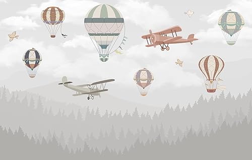 Miniatura 1 de WS Wallpaper Papel tapiz autoadhesivo para pared, diseño de aviones y globos en el cielo, vinilo autoadhesivo, decoración de habitación de bebé,