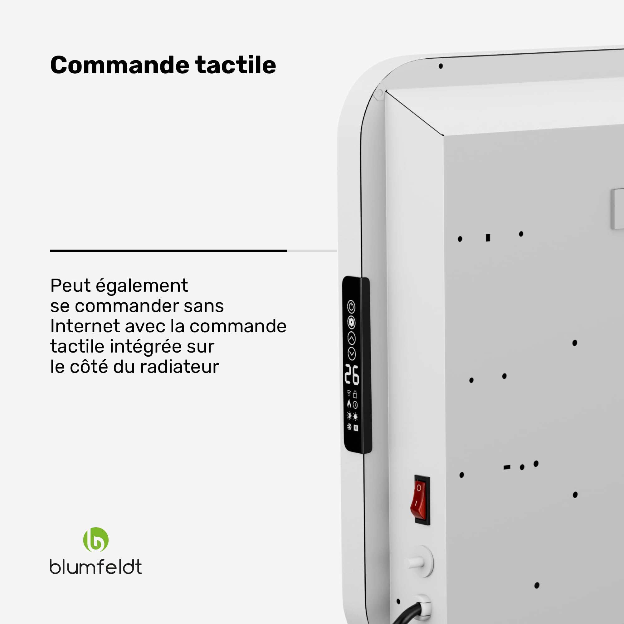 Blumfeldt radiateur infrarouge 2000 W - mural/sur pied, graphène, appli & commande tactile, thermostat, IP24, protection surchauffe/renversement, pour pièces jusqu'à 20 m², blanc