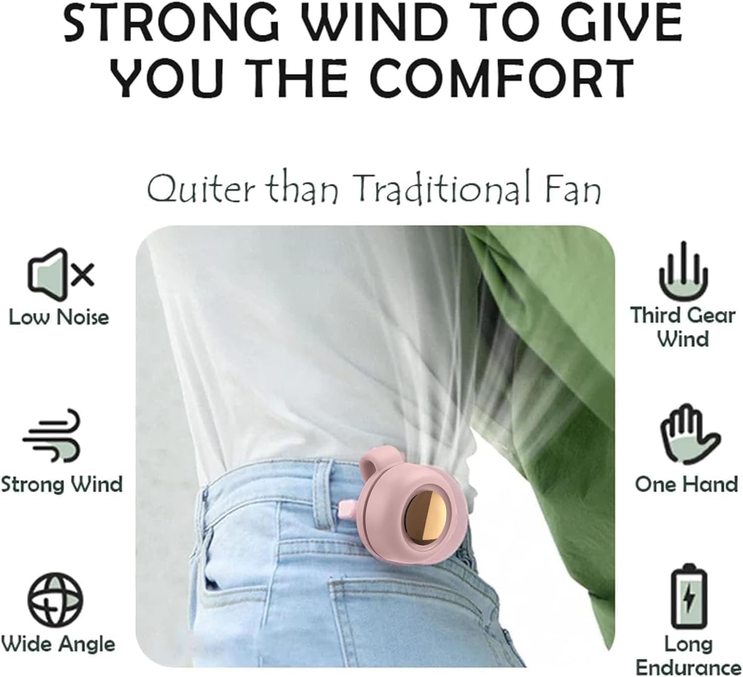 Ventilador eléctrico mini silencioso portátil sin aspas, ventilador mini silencioso portátil de 3 velocidades con sujetador, ventiladores de cinturón con sujetador para la cintura