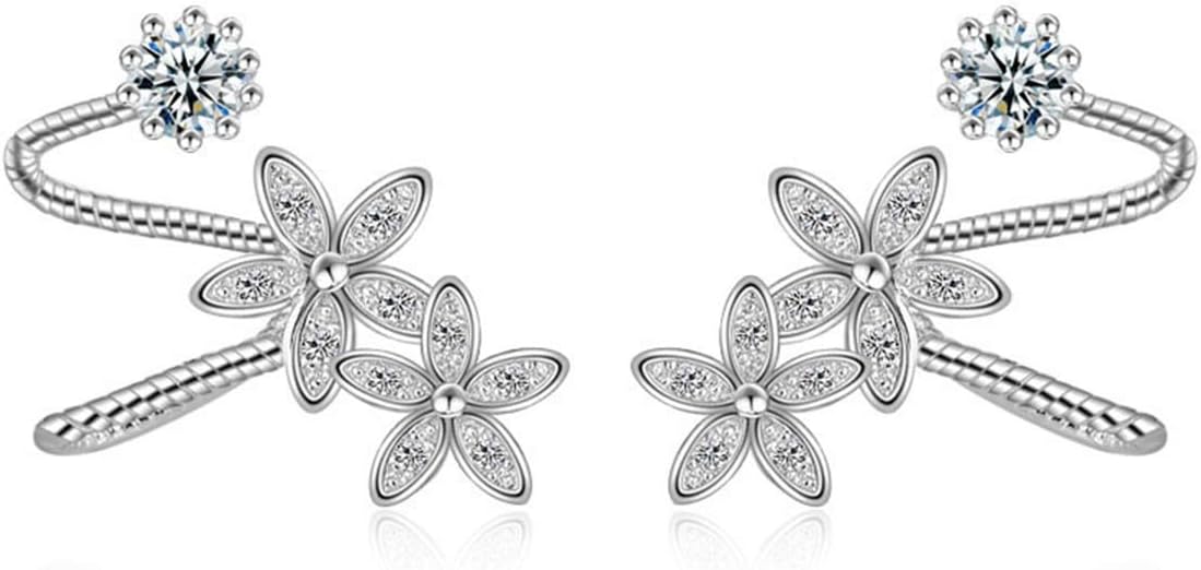 Orris Sterling Silver Flower&Diamond Style Ear Cuff Wrap Clip Stud Set Earring (For Pierced Ear)