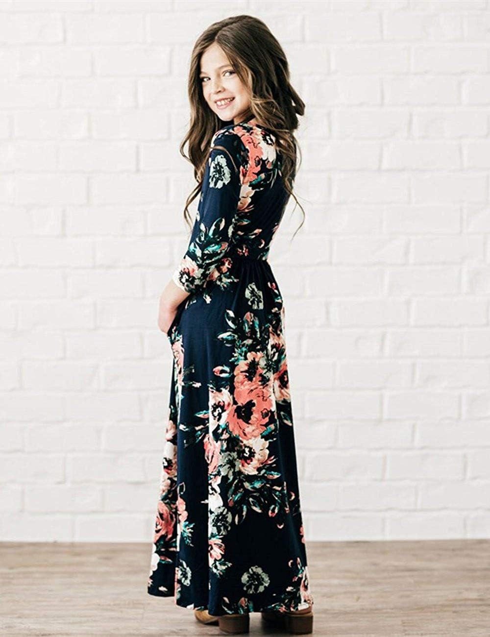 21KIDS Girls Maxi Dress Floral 3/4 Long Sleeve Dresses with Pockets for Girls 6-12 Years image 3