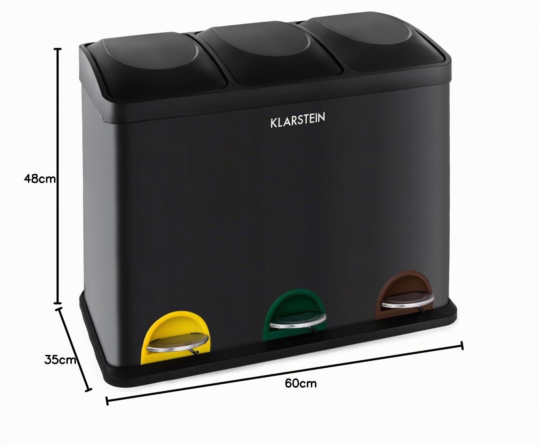 KLARSTEIN Ecosystème Poubelle à pédale pour tri sélectif & recyclage (capacité de 45 L répartie sur trois récipients à 15 L chacun, mécanisme à pédale) - noir