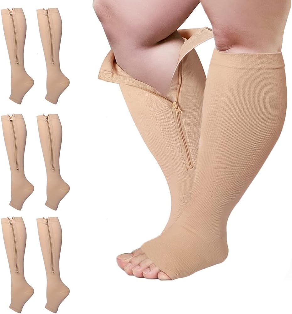 3 Packs Plus Size Compression Socks with Zipper, Knee High 15-20 mmHg for Women Men, Open Toe Support Socks for Veins