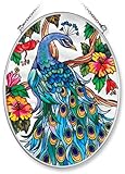 Amia Hand Painted Glass Suncatcher with Peacock Design, 5-1/4-Inch by 7-Inch Oval