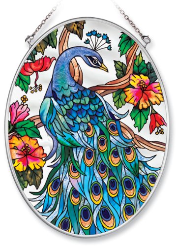 Amia Hand Painted Glass Suncatcher with Peacock Design, 5-1/4-Inch by 7-Inch Oval