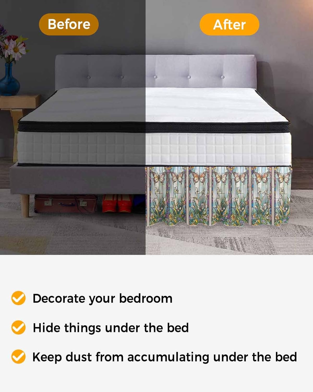 Butterfly Stained Glas Bed Skirt King Size 16 Inch Drop, Adjustable Elastic Wrap Around Bed Skirts Easy Fitting Dust Ruffle Bedskirt Bed Frame Cover Summer Butterflies Botanical Vintage