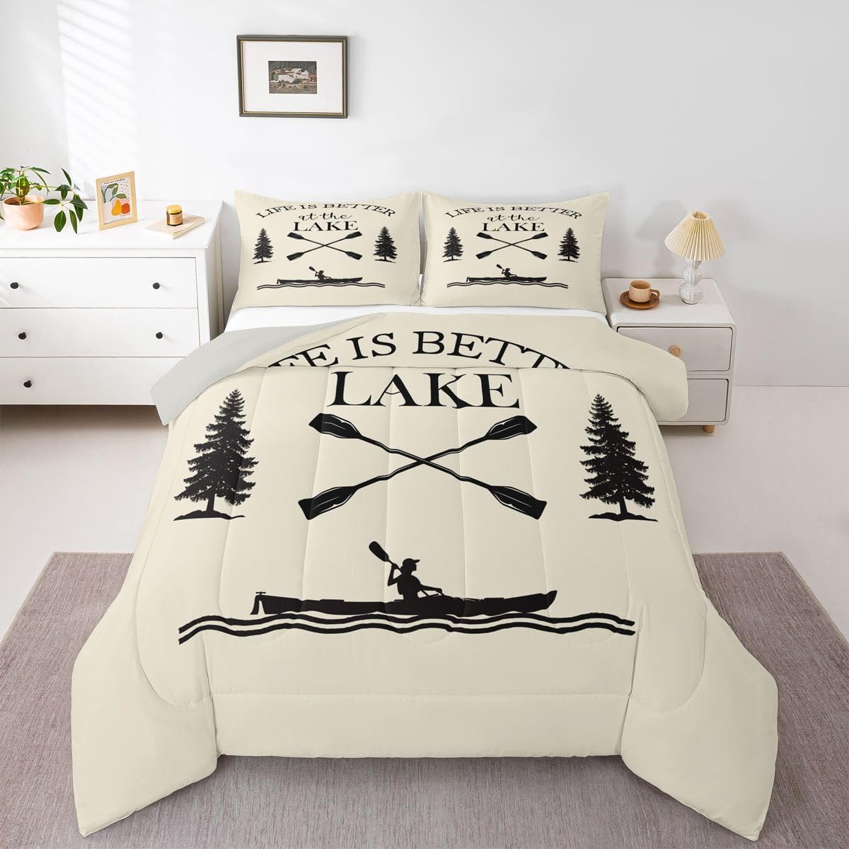 Lake House Bedding Set For Boys,Farmhouse Paddles Boat Comforter Set Lakehouse Rustic Quilt Retro Fishing Boat Bedding Comforters Lake House Decor For