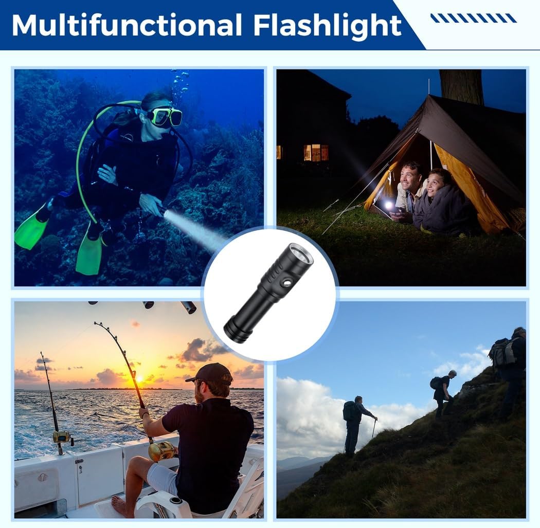 Portable Flashlight for Diving Camping Hiking, Black, Ap01 1050Lm Diving Flashlight, Ipx8 Waterproof Flashlight, Underwater Flashlight with Power Indicator, Diving Flashlight