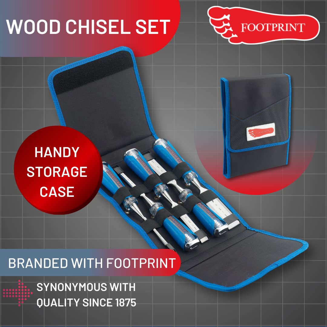 Footprint Lot de 5 burins à bois en chrome vanadium avec plaque de frappe pour marteaux en acier pour couper les mortaises/coins, raser ou racloir. Outils essentiels pour le travail du bois.