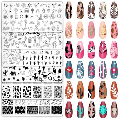Whaline 6Pcs Western Nail Plates Stamping Set Cowboy Cowgirl Stamp Templates Nail Art Plates for DIY Print Manicure Salon Design