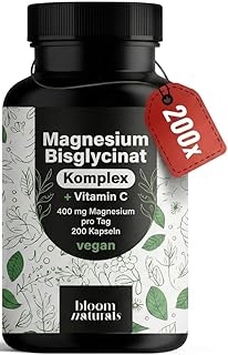Magnesium Komplex hochdosiert - 200 Kapseln - 400 mg Magnesium pro Tag + Vitamin C, mit Bisglycinat, Citrat, Oxid, L-Ascorbat, Malat, vegan & produziert in Deutschland