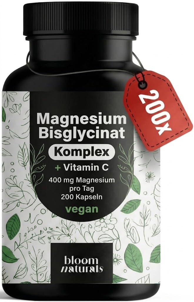 Magnesium Komplex hochdosiert - 200 Kapseln - 400 mg Magnesium pro Tag + Vitamin C, mit Bisglycinat, Citrat, Oxid, L-Ascorbat, Malat, vegan & produziert in Deutschland