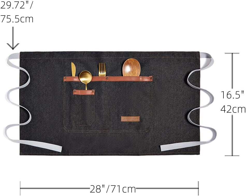 TopTie Custom Embroidered Denim Unisex Half Apron Waist Bistro Apron with Pockets for Server Waitress Barista Bartender