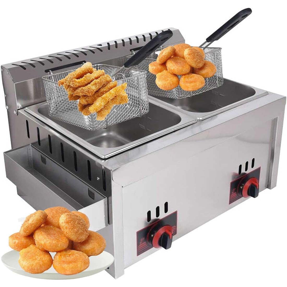 Freidora de gas comercial, freidora de gas licuado de doble tanque de 20 L, acero inoxidable grueso con cestas y tapas, potencia de fuego ajustable y control de temperatura, para uso doméstico y