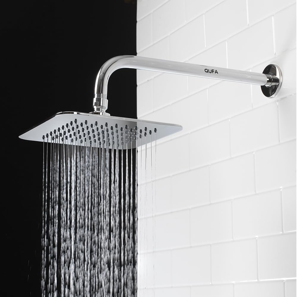 Qufa Mirror Stainless Steel Round Ultra Slim High Pressure Rainfall Shower Head for bathroom With Arm Fit (8x8+12 Inch J Bend) (B0D9YT53ZG) Amazon Price History, Amazon Price Tracker