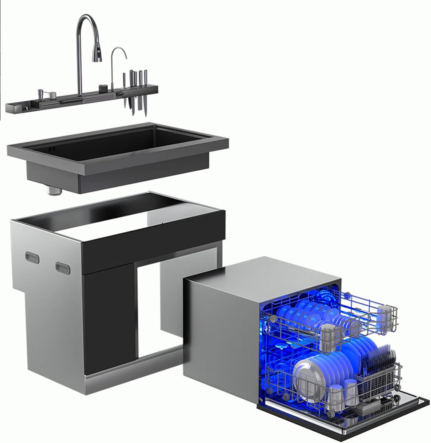 Multifunctional Integrated Sink Dishwasher Combo, Built-in Kitchen Dishwasher, 13 Place Settings Capacity, 900mm Wide (H800 x W900 x D600mm)
