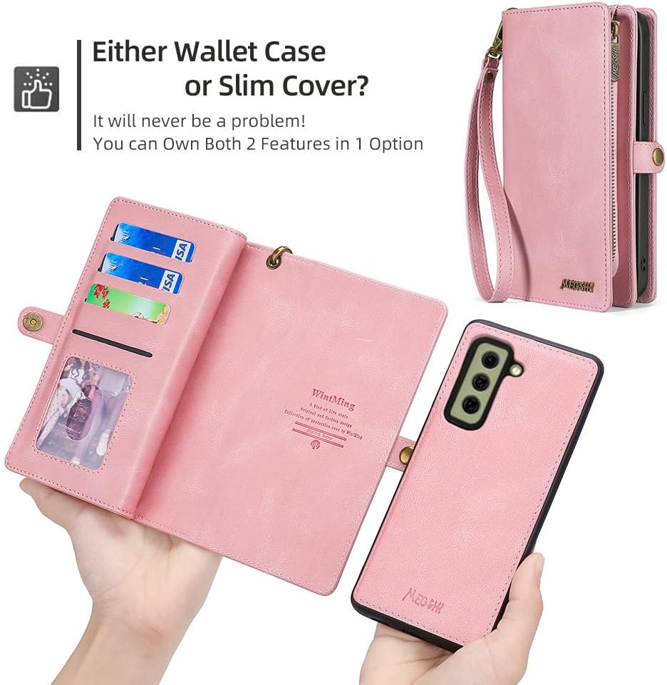 Asuwish Phone Case for Samsung Galaxy S21 FE 5G Zipper Wallet Detachable Cover with Tempered Glass Screen Protector and Flip Card Holder Cell S 21 EF S21FE5G UW S21FE 21S G5 6.4 inch Women Men Pink