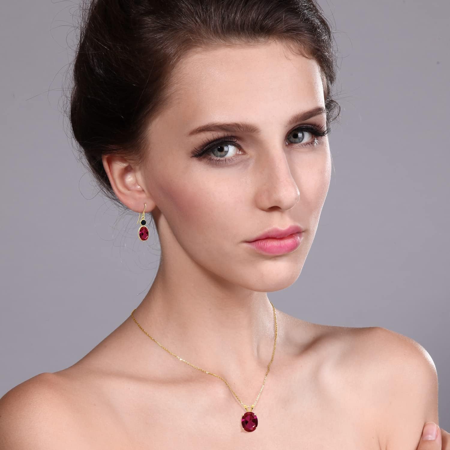 Gem Stone King 6.90 Ct Oval Red Created Ruby 14K Yellow Gold Pendant and Earrings Jewelry Set - Image 2