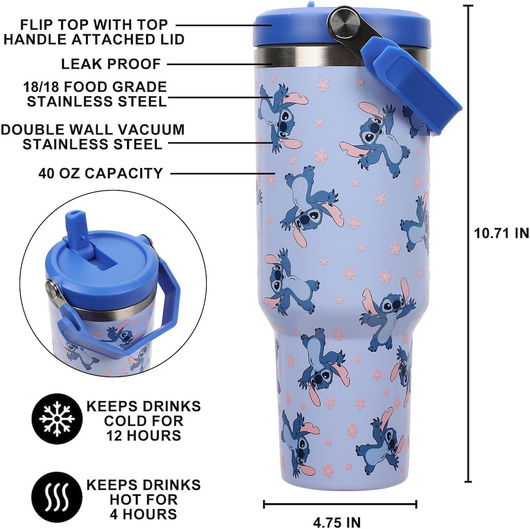 Disney Lilo & Stitch Sky Blue AOP 40 Oz. Vacuum Sealed Stainless Steel Tumbler With Carry Handle