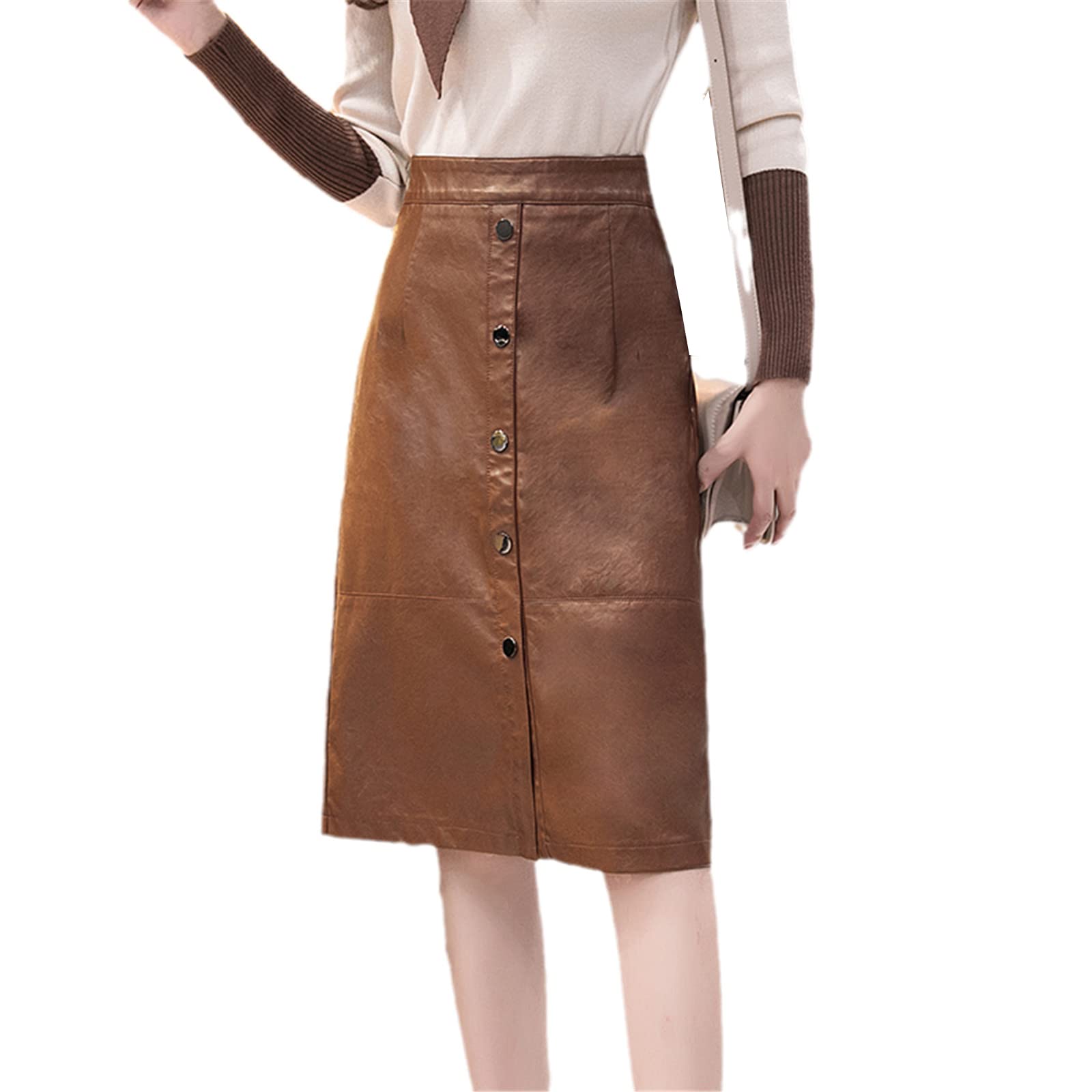 Autunno Inverno Singolo Petto Donne PU Gonne In Pelle Anteriore Split Midi Gonne A Vita Alta Guaina Avvolgere Gonne, cachi, S