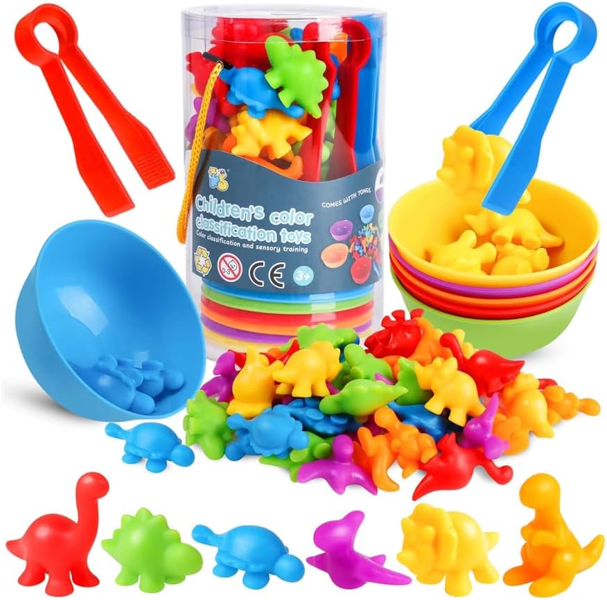 AMERTEER 48 Pcs Counting Dinosaurs Toys - Matching Game With Sorting Bowls Preschool Learning Activities For Math, Montessori Sensory Teaching Toys, Counters Color Sorting For Toddlers Kids Boys Girls