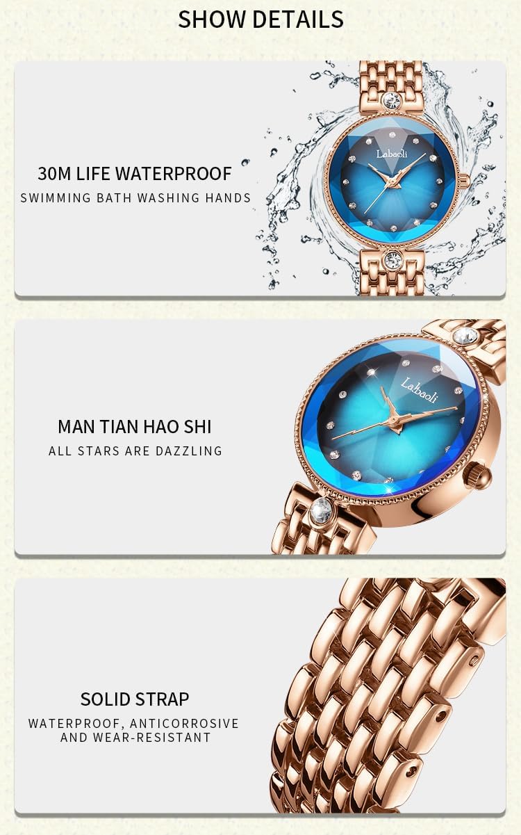 Watches for Women Rose Gold Stainless Ladies Female Fashion Luxury Diamond Dress Business Waterproof Quartz Girls Crystal Blue Wrist Watch