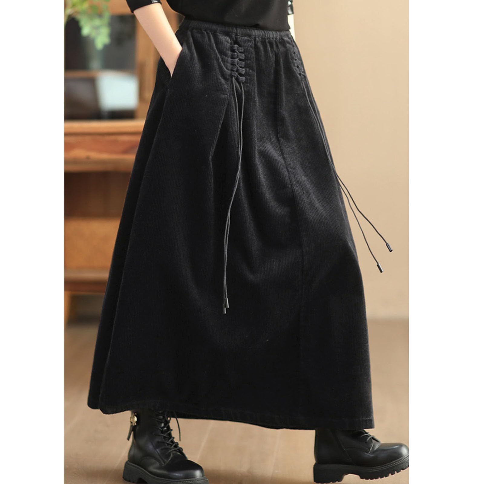 Jupe Maxi Corduroy de Femmes avec nœud de Cravate latérale, Jupe Longue à Taille élevée élastique A-Line pour l'automne et l'hiver