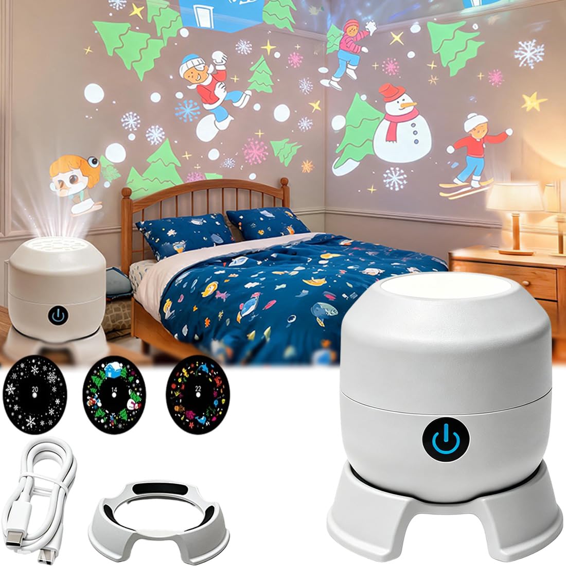 Dynamic Rotating Led Projector Light, 360°Led Starry Ocean Projection Light with 3 Themes, Dimmable USB Rechargeable Ambient Lamp for Bedroom Home Theater Party Meditation Kids Gift (2# Christmas)