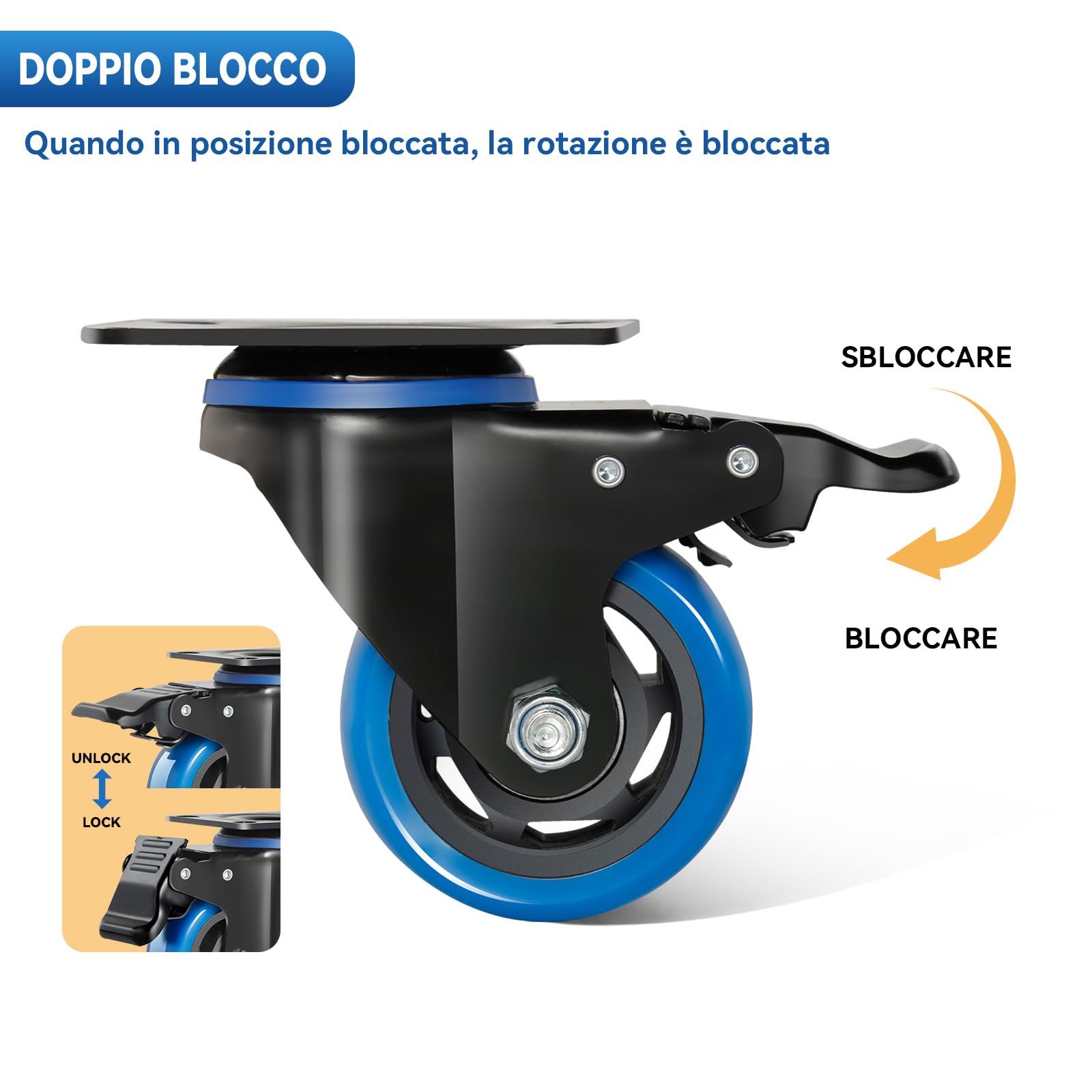 Ruote Girevoli per Carrello 75mm Blu con Freno e Bulloni - Set di 4 Ruote per Mobili Ruote per Carichi Pesanti Fino a 500KG - per Uso Interno ed Esterno - Con Rotazione a 360°