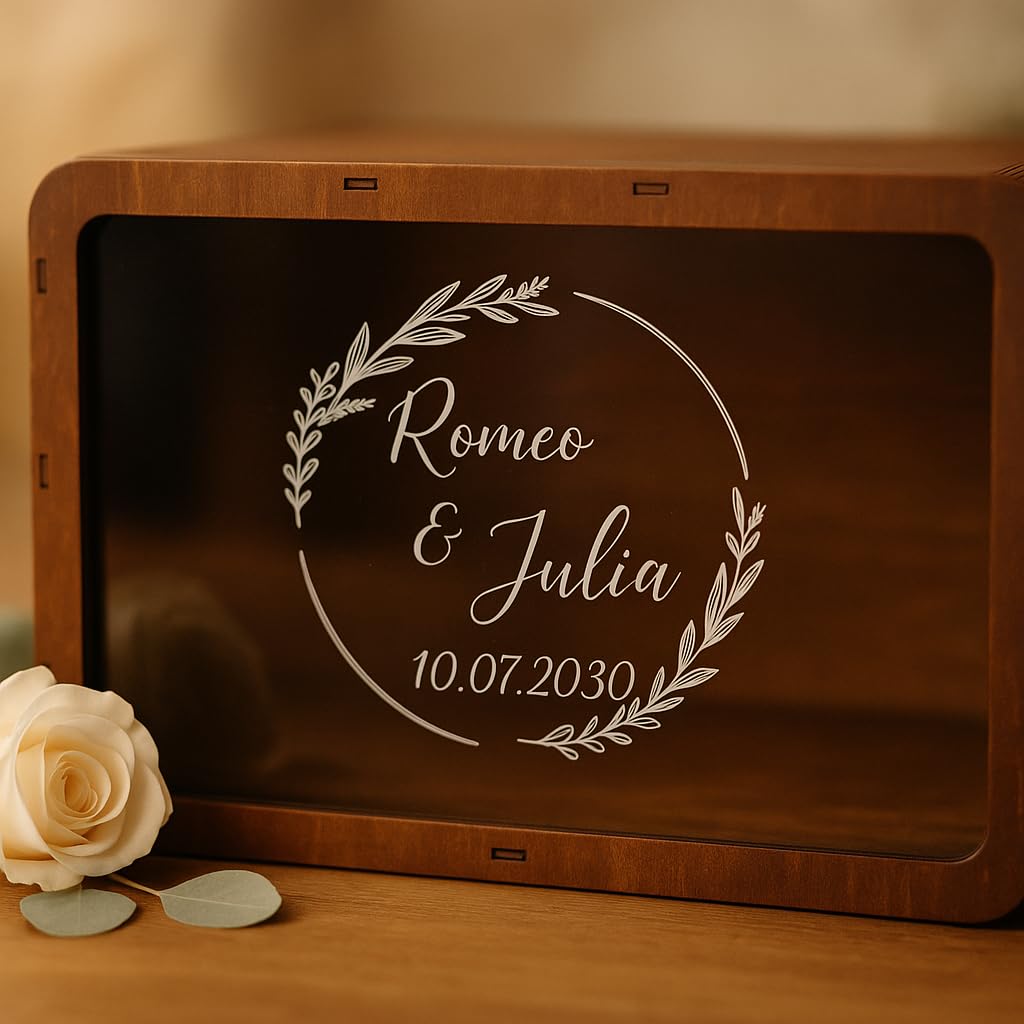 Happenings Hochzeitsbox, Geschenkbox, Gastgeschenk,Geldbox - Holz Personalisierte Geldumschlagbox - Acrylscheibe Gravur Namen & Datum - Boho, Vintage, Rustikal Stil